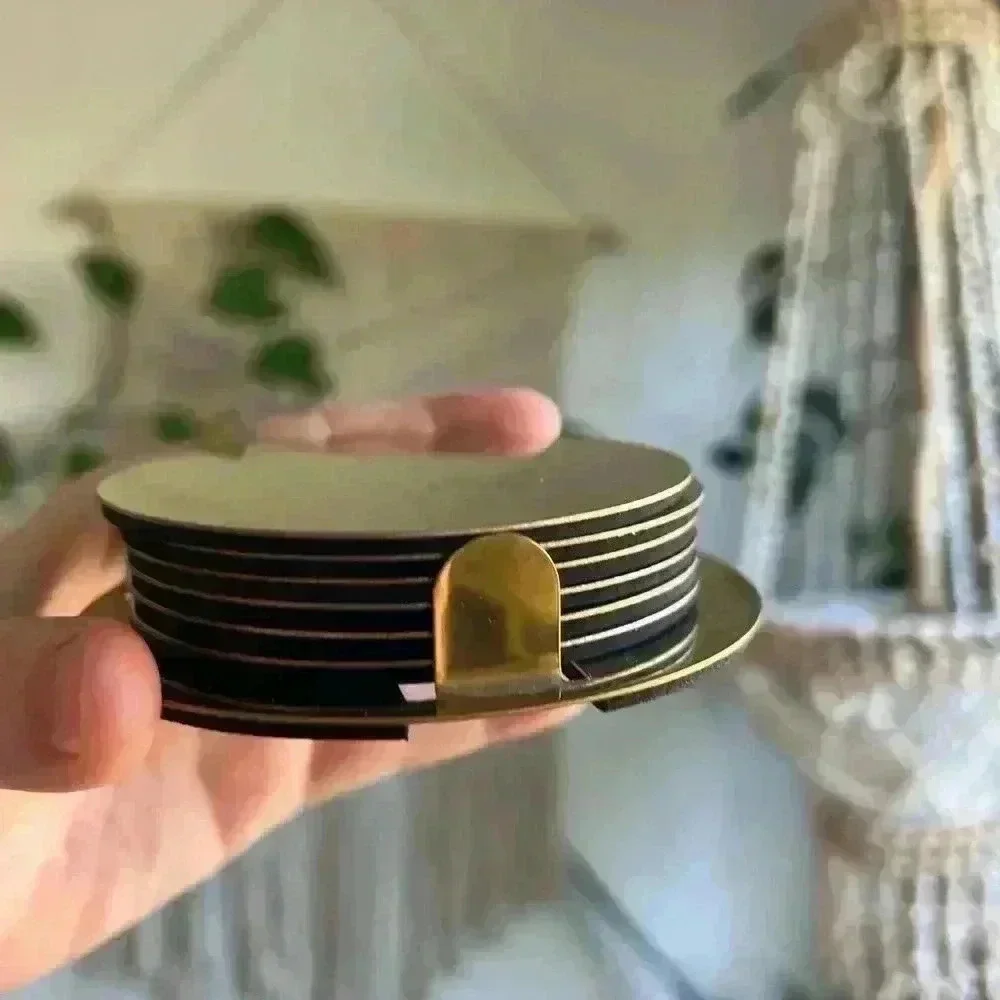 IKEA GLATTIS Coasters with holder, brass / gold color, 3 